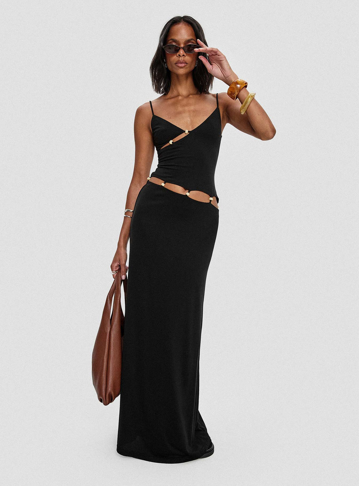 front view of model wearing Princess Polly Allspice Beaded Maxi Dress Black Plunger 