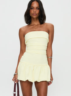 front view of model wearing Princess Polly Mousse Strapless Mini Dress Lemon Straight Neck 