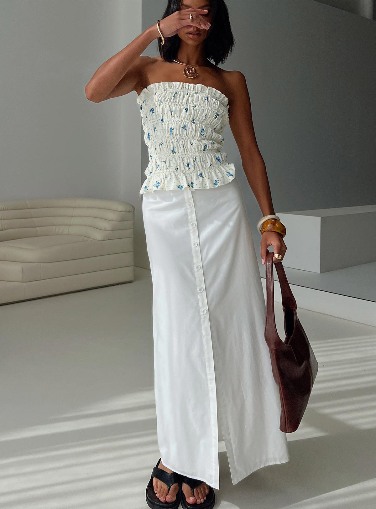   front view of model wearing Princess Polly Jasmira Maxi Skirt White Maxi Skirts Skirts 