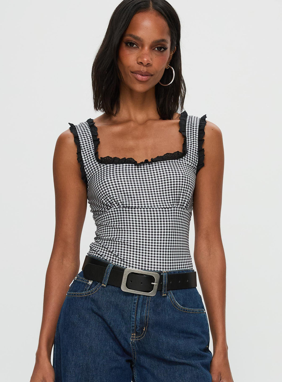 front view of model wearing Princess Polly Trustfund Lace Trim Bodysuit Black / White Check Sleeveless Bodysuit 