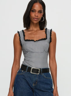 front view of model wearing Princess Polly Trustfund Lace Trim Bodysuit Black / White Check Sleeveless Bodysuit 