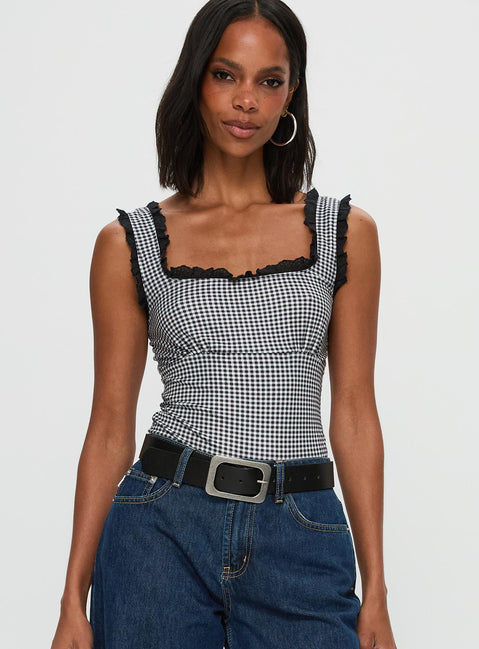 front view of model wearing Princess Polly Trustfund Lace Trim Bodysuit Black / White Check Sleeveless Bodysuit 