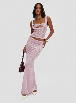   front view of model wearing Princess Polly Kalei Maxi Skirt Pink Floral Maxi Skirts Skirts 