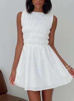 front view of model wearing Princess Polly Melona Shirred Mini Dress White Boat Neck 