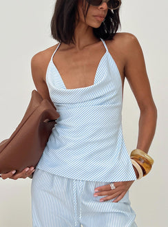 side view of model wearing Princess Polly Summer Too Hot Cowl Neck Top Blue Stripe Sleeveless Cowl 