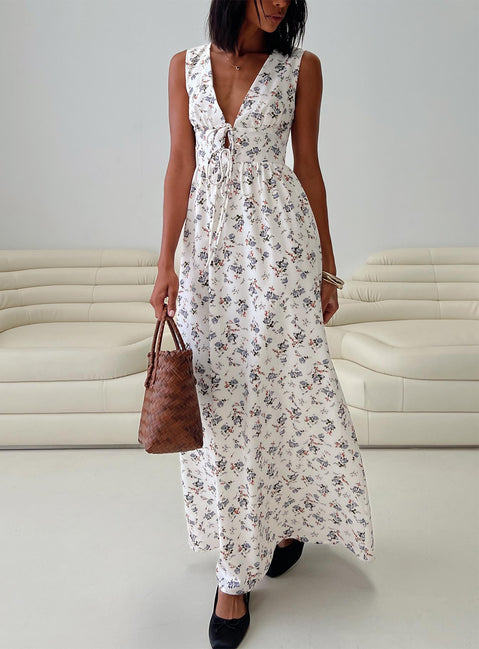 front view of model wearing Princess Polly Pokey Maxi Dress Floral Multi Plunger 