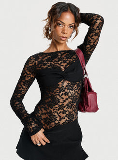 front view of model wearing Princess Polly Anjolene Lace Wrap Bust Bodysuit Black Long Sleeve Tops Bodysuit 