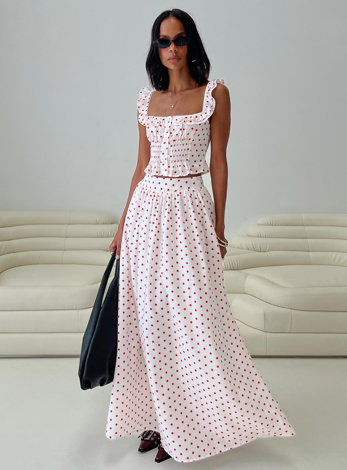   front view of model wearing Princess Polly Valerio Maxi Skirt White / Red Maxi Skirts Skirts 