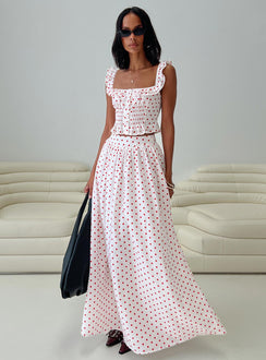   front view of model wearing Princess Polly Valerio Maxi Skirt White / Red Maxi Skirts Skirts 