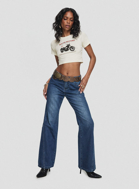back view of model wearing Princess Polly Leslee Mid Rise Flare Jean Mid Wash Blue Mid Rise Jeans Jeans 