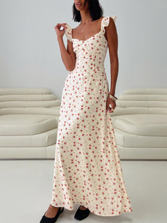 front view of model wearing Princess Polly Maryana Maxi Dress Cream / Multi Sweetheart Neckline 