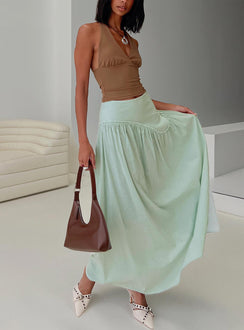   side view of model wearing Princess Polly Yasemine Maxi Skirt Green / White Maxi Skirts Skirts 