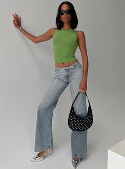front view of model wearing Princess Polly Slow Ride Mid Rise Bootleg Belted Jeans Light Blue Mid Rise Jeans Jeans 