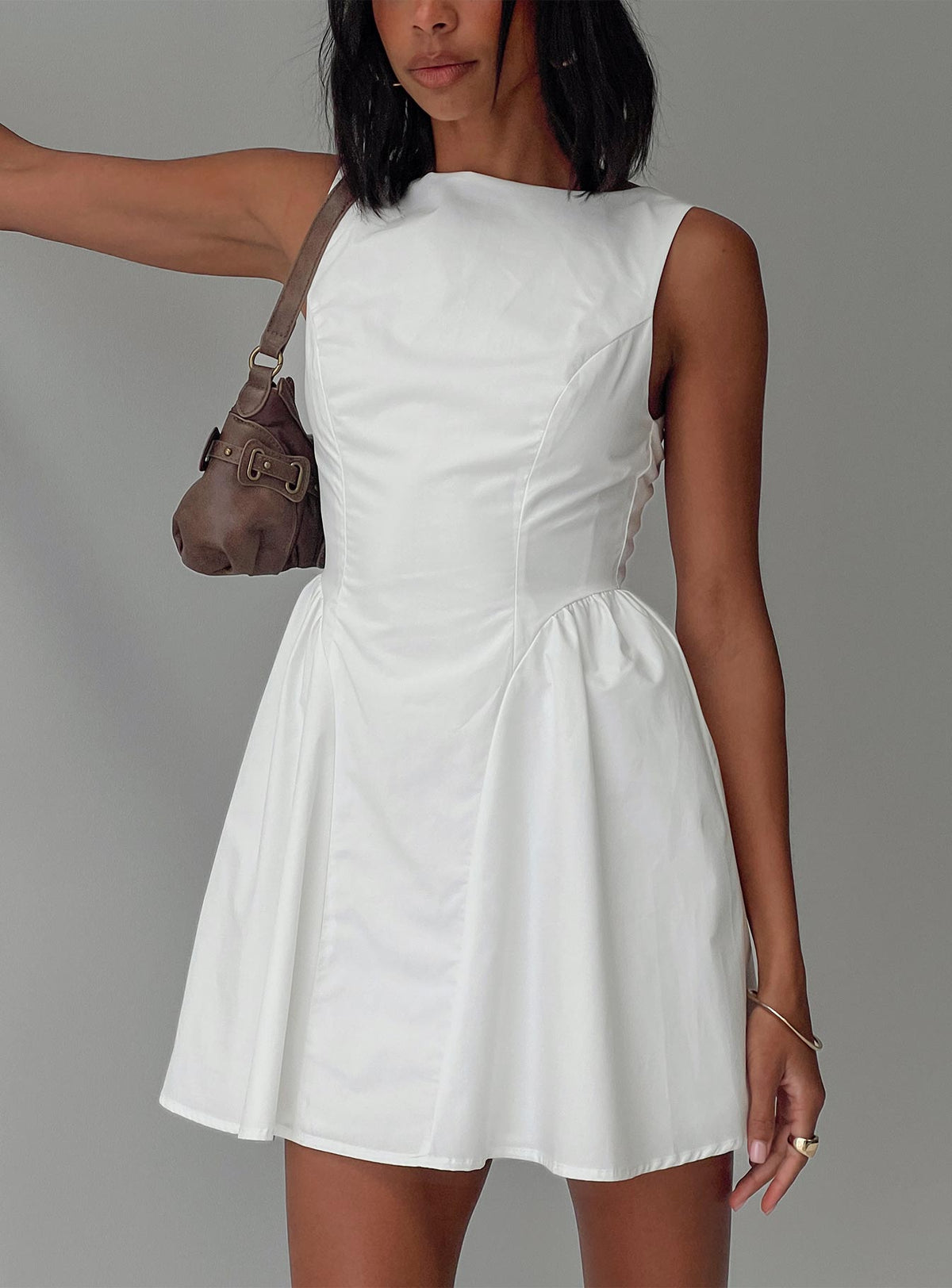 front view of model wearing Princess Polly Maryvonne Mini Dress White High Neck 