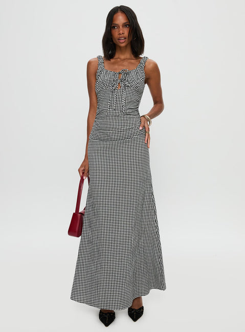 front view of model wearing Princess Polly Roundtrip Maxi Dress Black / White Scoop Neck 