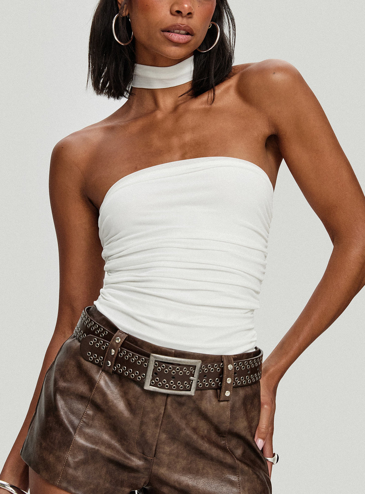 back view of model wearing Princess Polly Sorelle Scarf Bodysuit White Sleeveless Bodysuit 