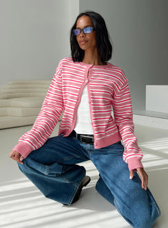 front view of model wearing Princess Polly Heavenly Dream Cardigan Pink Stripe Cropped Jumpers Jumpers 