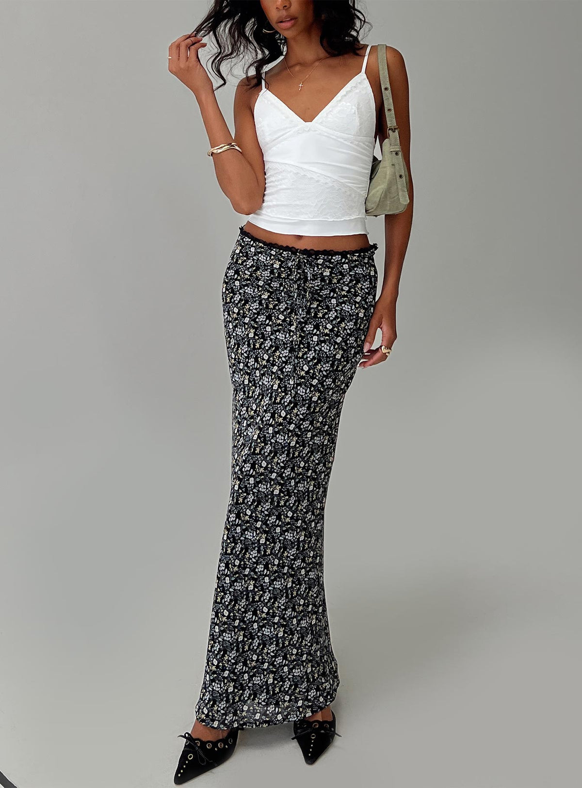   front view of model wearing Princess Polly Emily Maxi Skirt Blue / Black Floral Maxi Skirts Skirts 