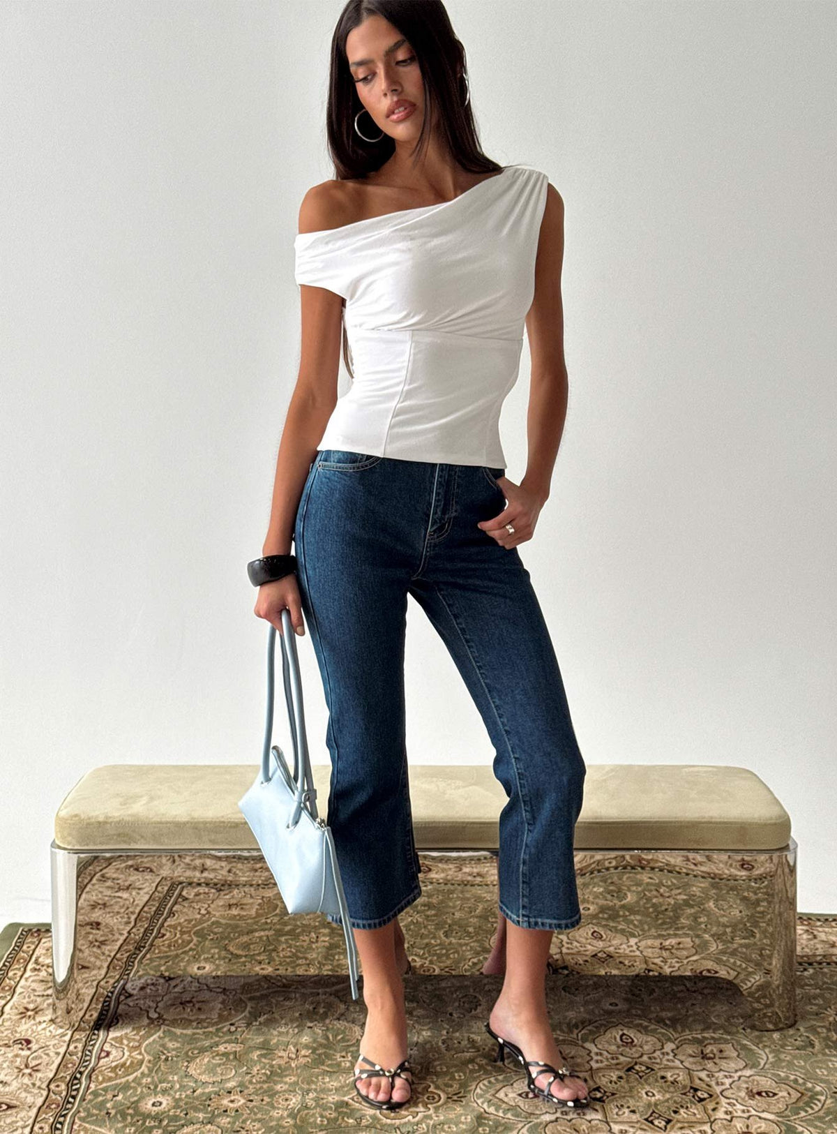 front view of model wearing Princess Polly Cindee High Rise Cropped Jeans Mid Blue Wash High Rise Jeans Jeans 