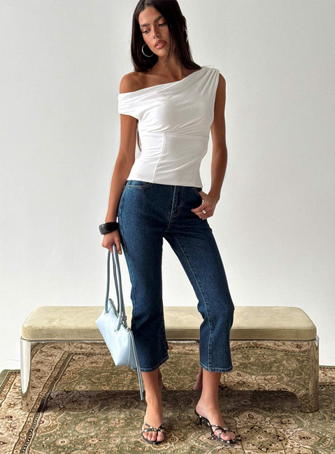 front view of model wearing Princess Polly Cindee High Rise Cropped Jeans Mid Blue Wash High Rise Jeans Jeans 