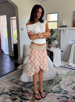 back view of model wearing Princess Polly Natana Asymmetrical Midi Skirt Multi Check Skirts 