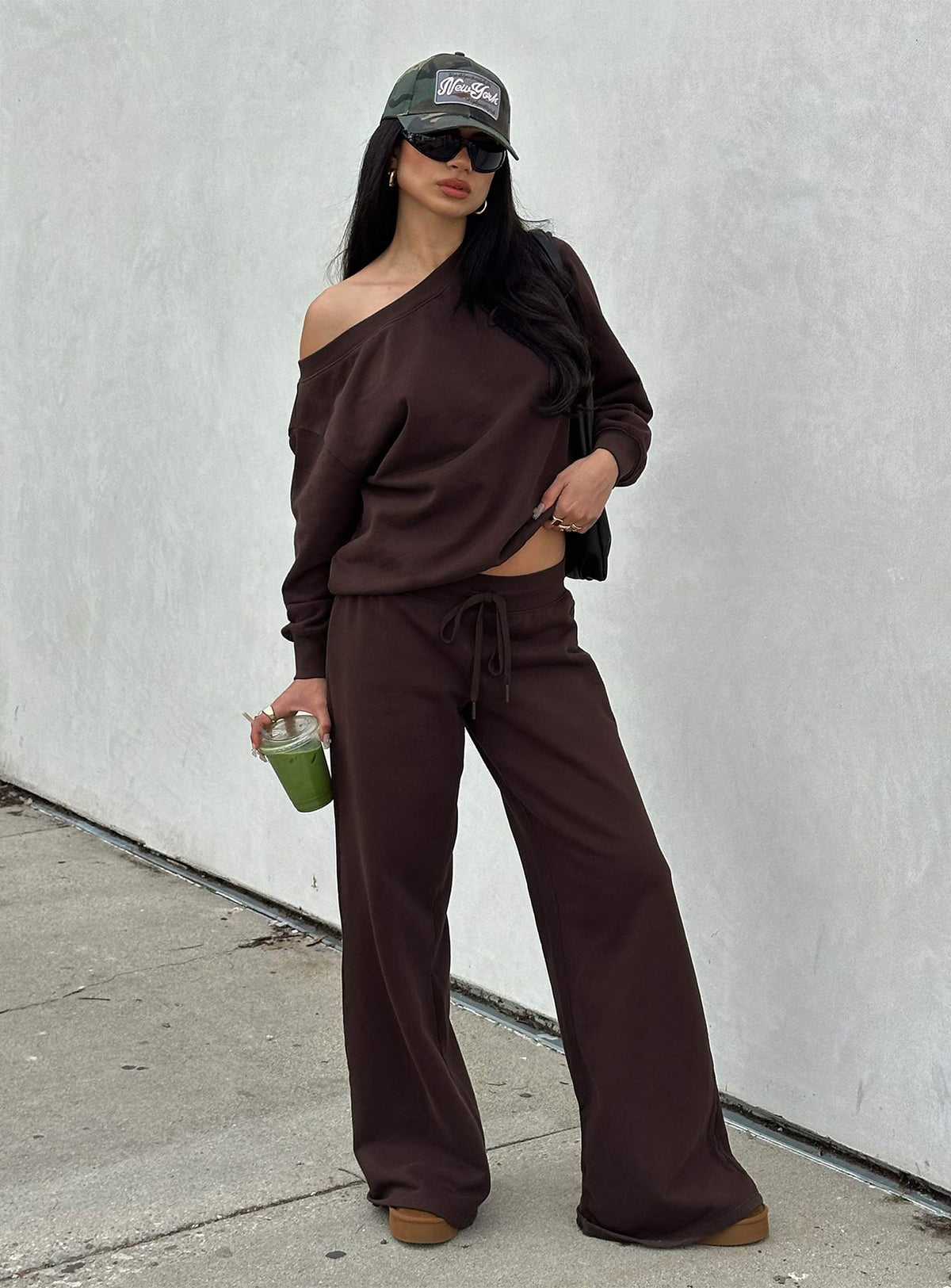 front view of model wearing Princess Polly Dodie Wide Leg Pants Washed Brown High Rise Pants 