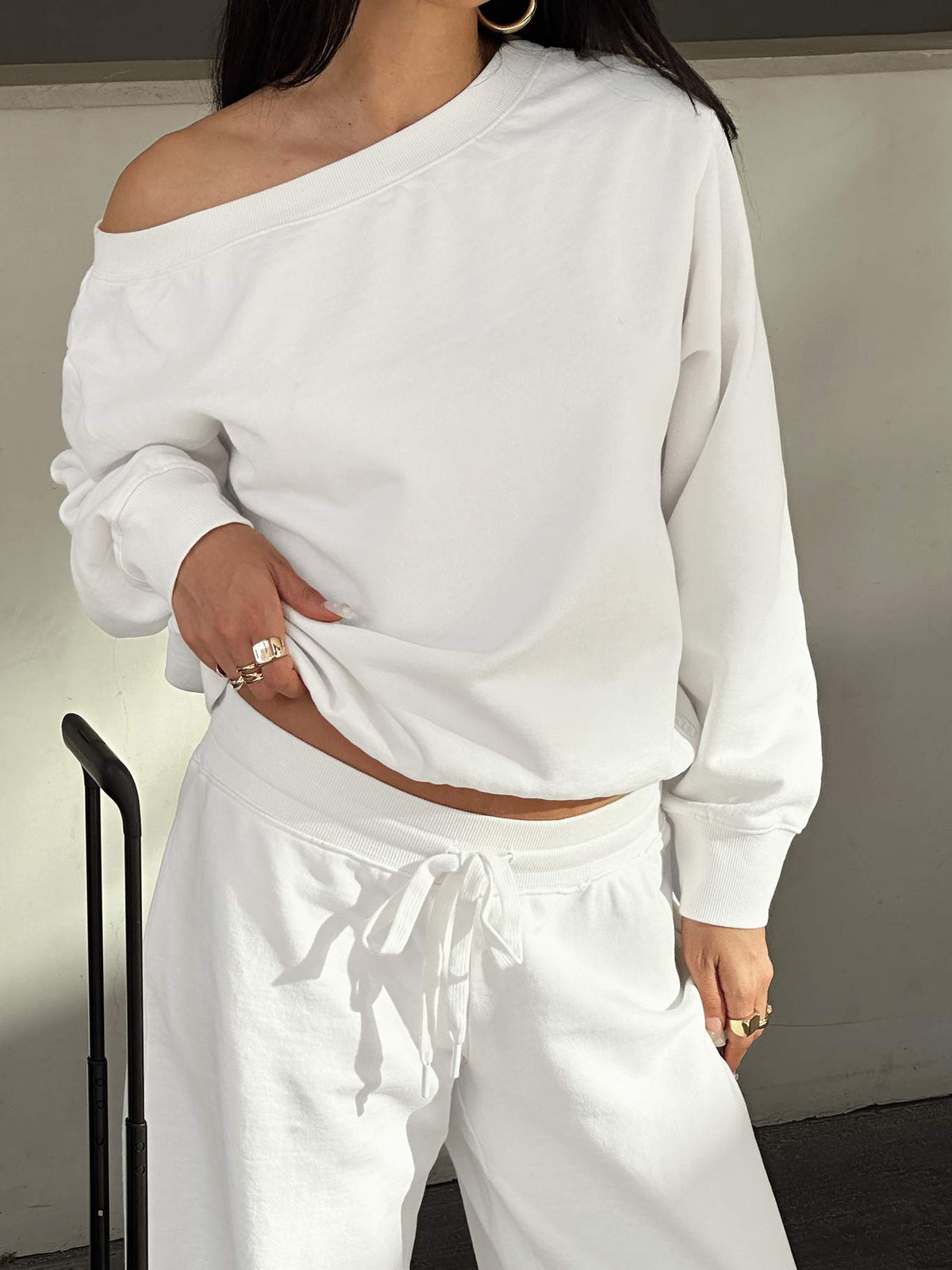 front view of model wearing Princess Polly Wellness Off The Shoulder Jumper Washed White Jumpers 