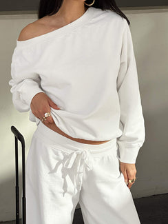 front view of model wearing Princess Polly Wellness Off The Shoulder Jumper Washed White Jumpers 