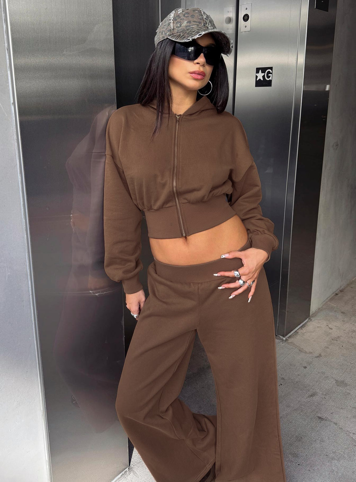 Designed with the Daytime Cropped Blouson Hoodie Cocoa womens-jumpers in short length on-body view of model wearing Princess Polly