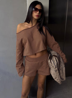 front view of model wearing Princess Polly Retreat Raw Edge Off Shoulder Jumper Cocoa cropped Jumpers 