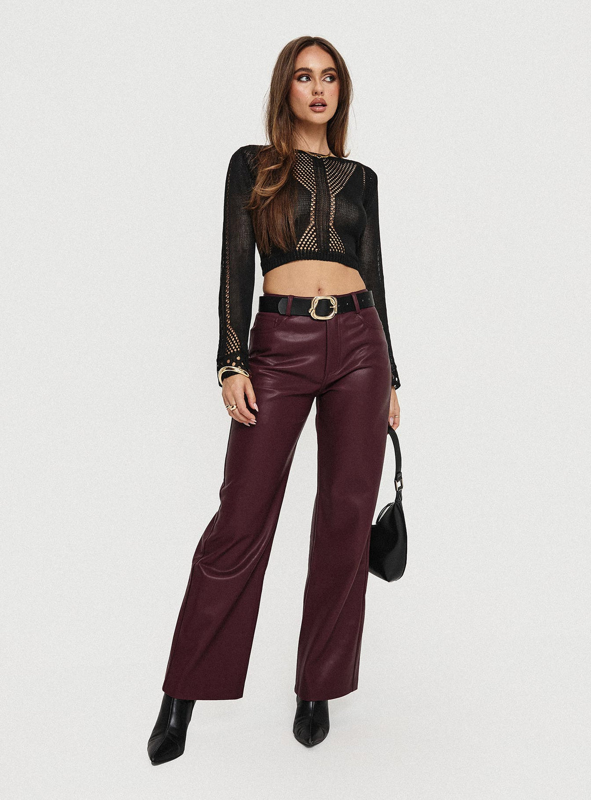 front view of model wearing Princess Polly Dempsey Faux Leather Pants Deep Cherry High Rise Pants Pants 