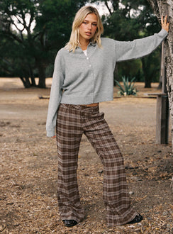 front view of model wearing Princess Polly Emiroki Straight Leg Pants Brown Check Mid Rise Pants Pants 