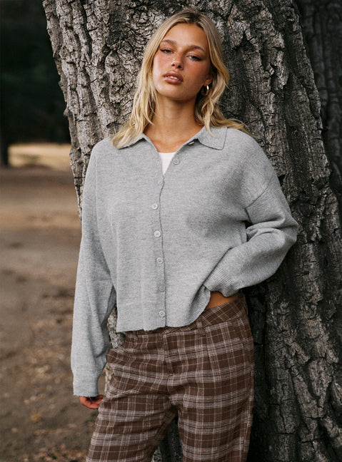 front view of model wearing Princess Polly Nadyna Collared Cardigan Grey Marle Jumpers 