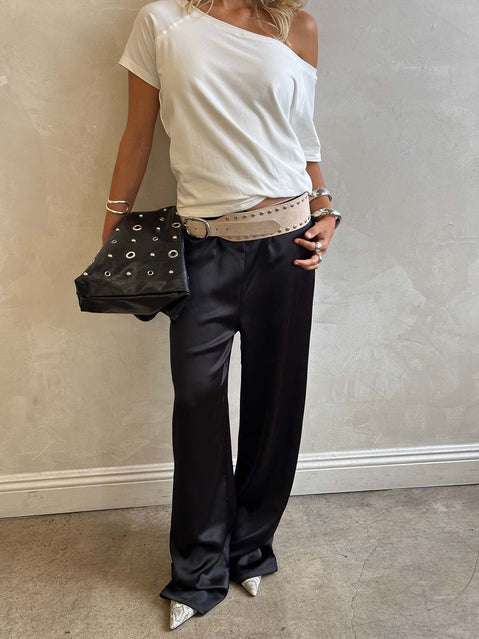 back view of model wearing Princess Polly Soulstar Satin Pants Black High Rise Pants Pants 