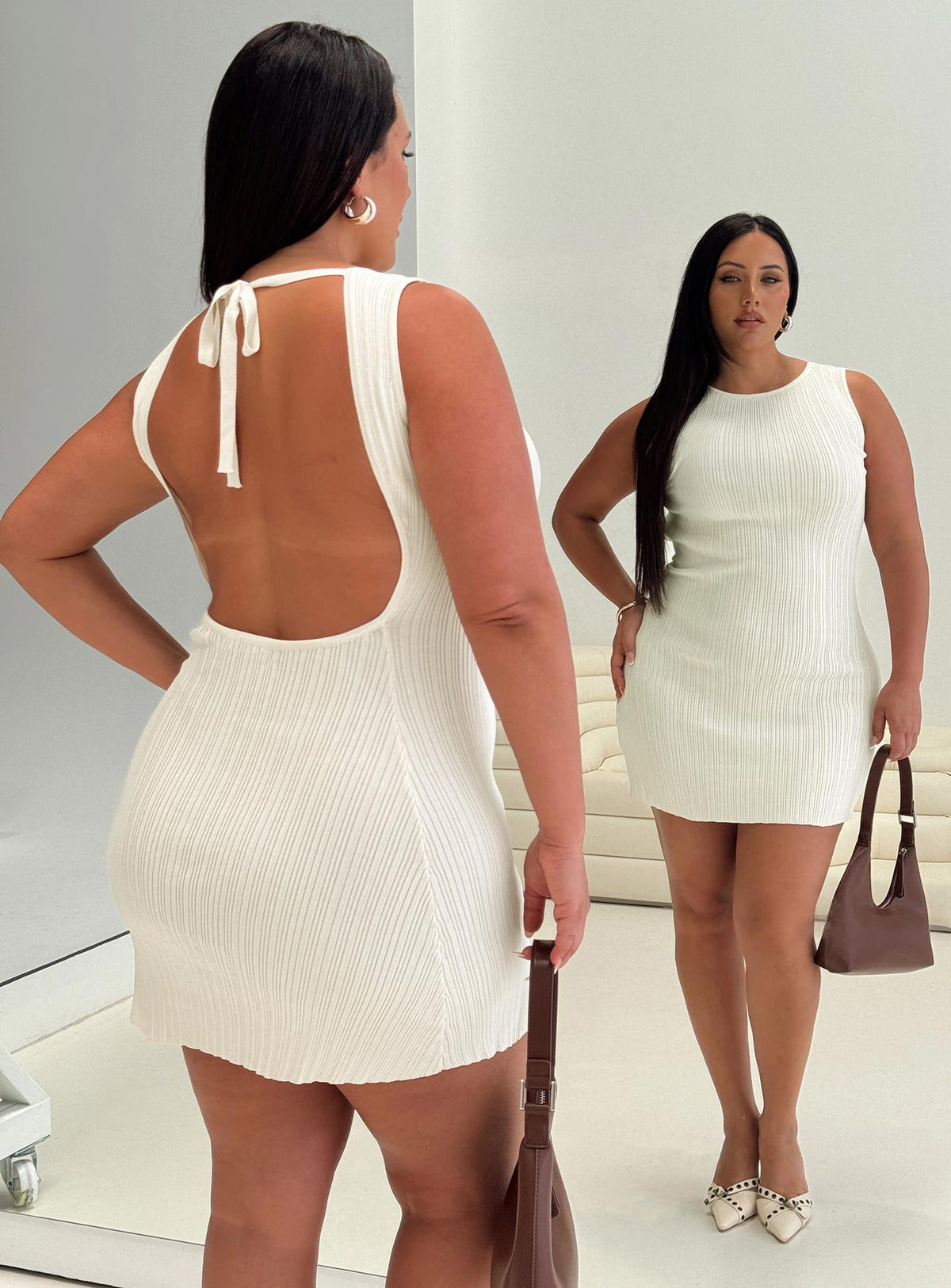 back view of model wearing Princess Polly Mayok Mini Dress Cream Curve Crew Neck 