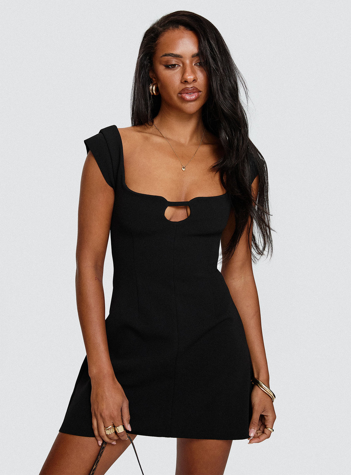 front view of model wearing Princess Polly Sylvette Mini Dress Black Sweetheart Neckline 