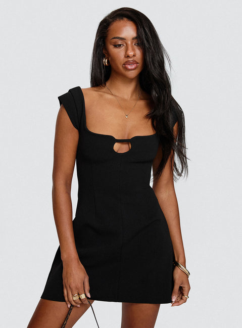 front view of model wearing Princess Polly Sylvette Mini Dress Black Sweetheart Neckline 