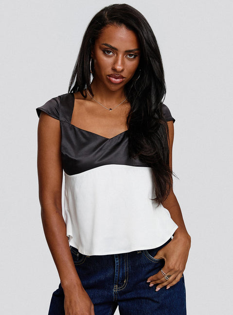 front view of model wearing Princess Polly Think About It Cap Sleeve Top Black / White Short Sleeves V-Neck 