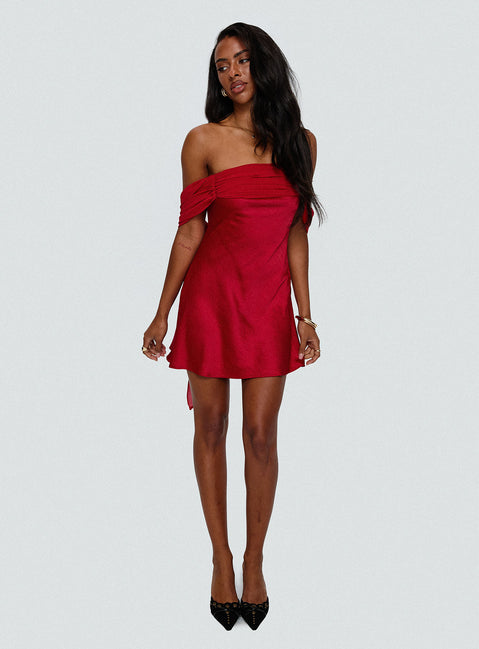 front view of model wearing Princess Polly Adoration Mini Dress Red Straight Neck 