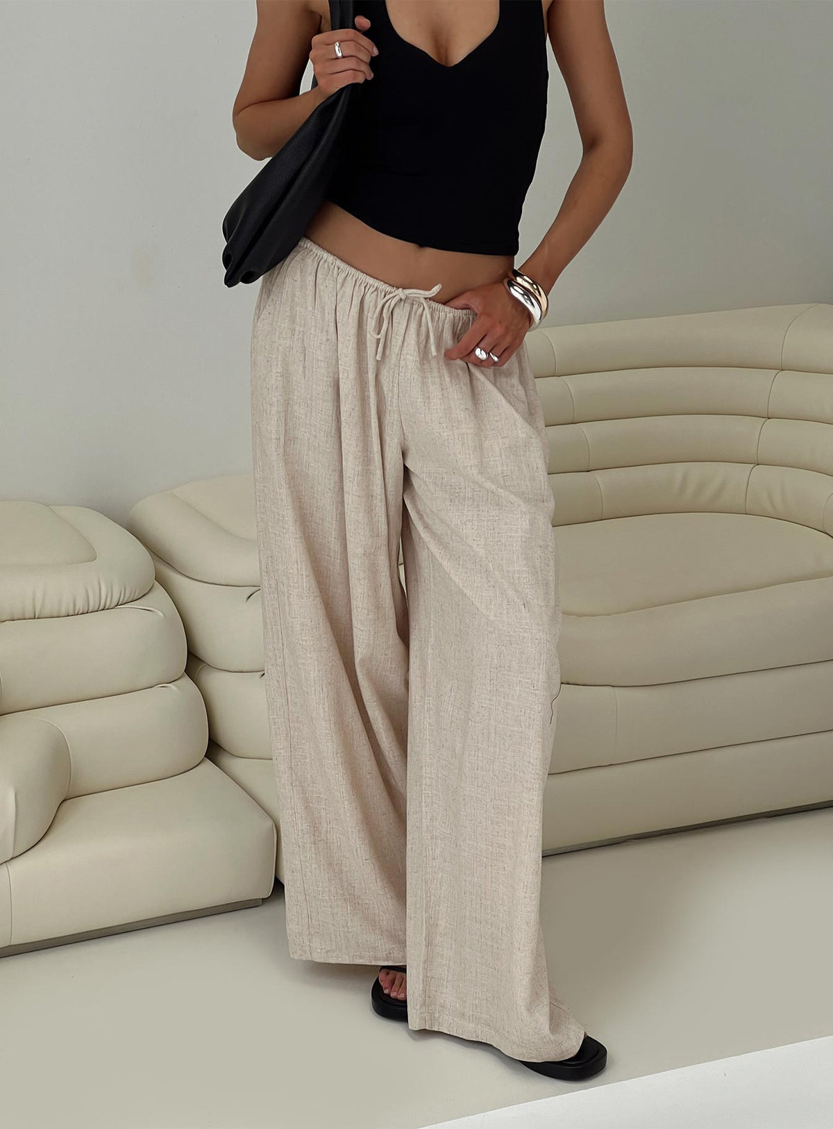 side view of model wearing Princess Polly Beach Comber Linen Pant Beige High Rise Pants Pants 