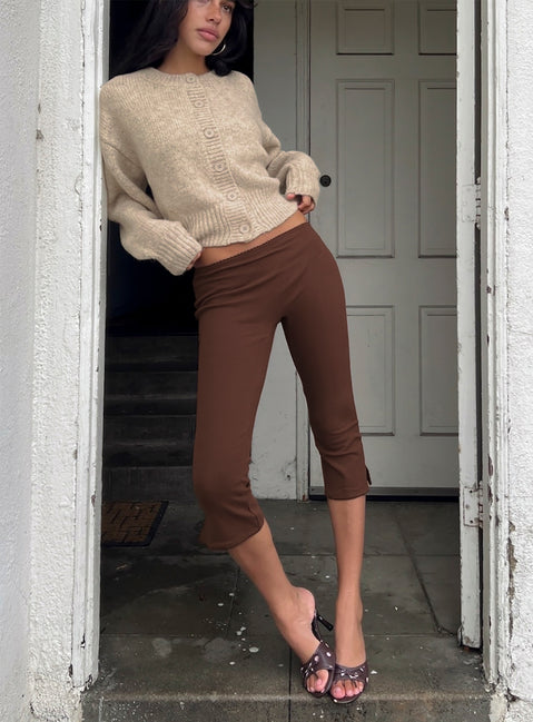 Showcasing the Baseline Rib Capri Pants Chocolate in womens-regular-pants with high-rise front view of model wearing