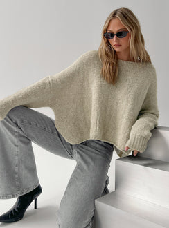 front view of model wearing Princess Polly Ramy Wide Neck Knit Sweater Olive Cropped Jumpers Jumpers 