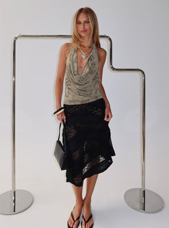   front view of model wearing Princess Polly Constancia Asymmetrical Sheer Midi Skirt Black Midi Skirts Skirts 