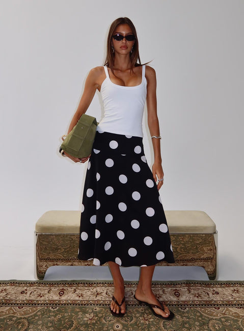   front view of model wearing Princess Polly Picture It Midi Skirt Black Polka Dot Midi Skirts Skirts 