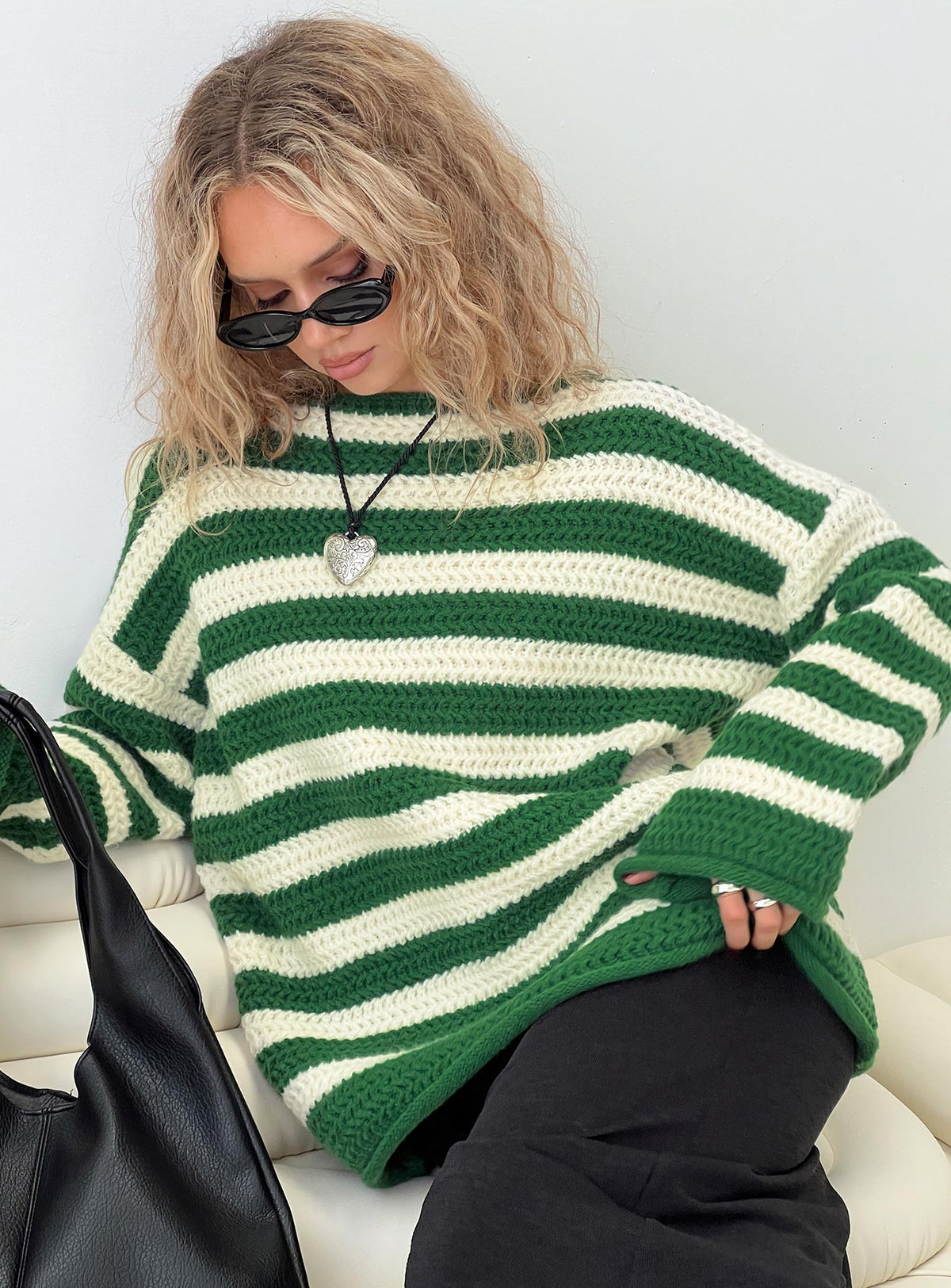 back view of model wearing Princess Polly Brando Knit Sweater Green / Cream Stripe Longline Jumpers Jumpers 