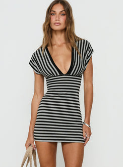 Eleanorre Batwing V Neck Mini Dress Grey Stripe