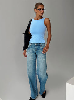 front view of model wearing Princess Polly Picasso Mid Rise Straight Leg Jeans Mid Blue Mid Rise Jeans Jeans 