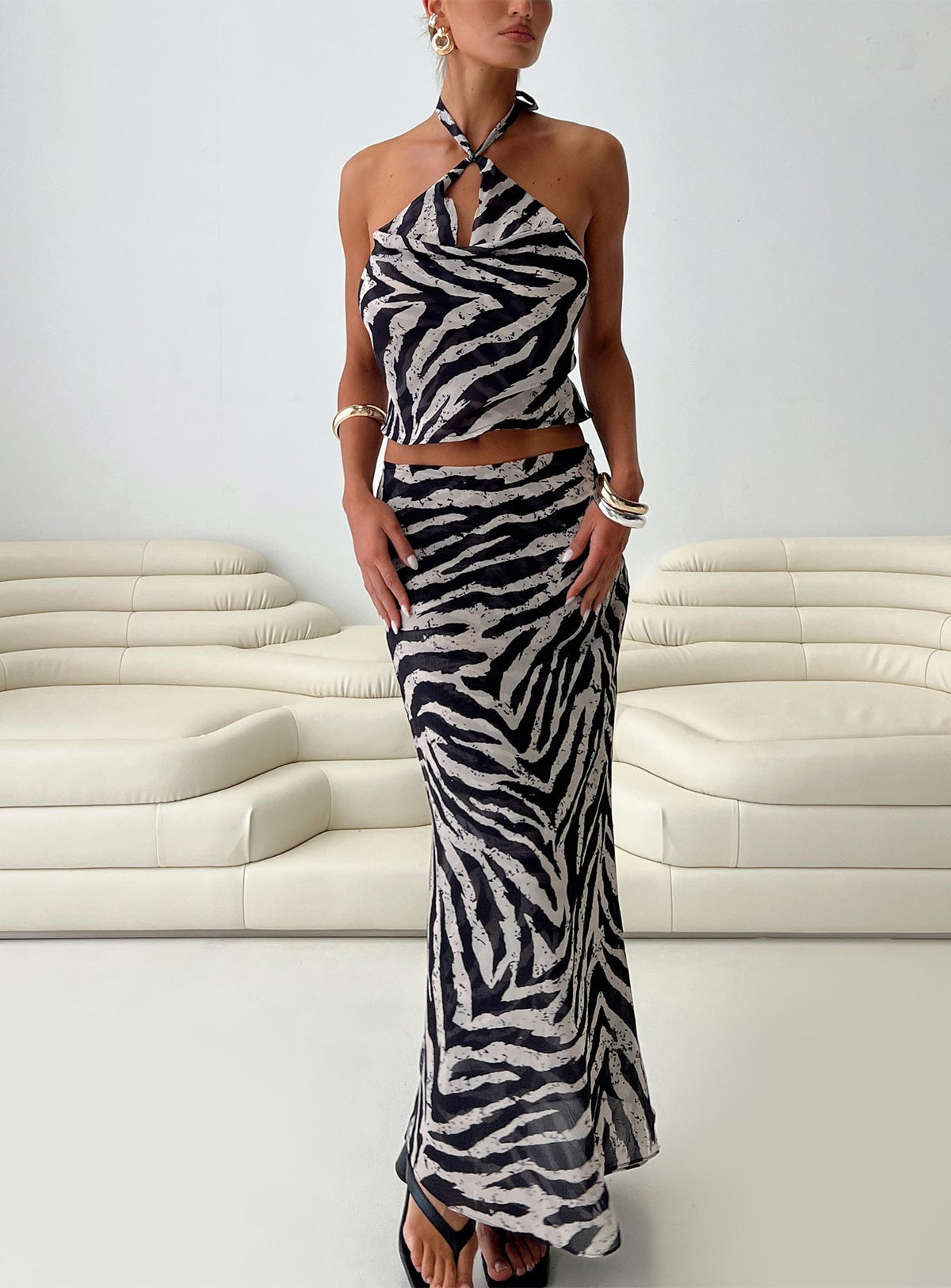   front view of model wearing Princess Polly Eleganza Maxi Skirt Zebra Maxi 
