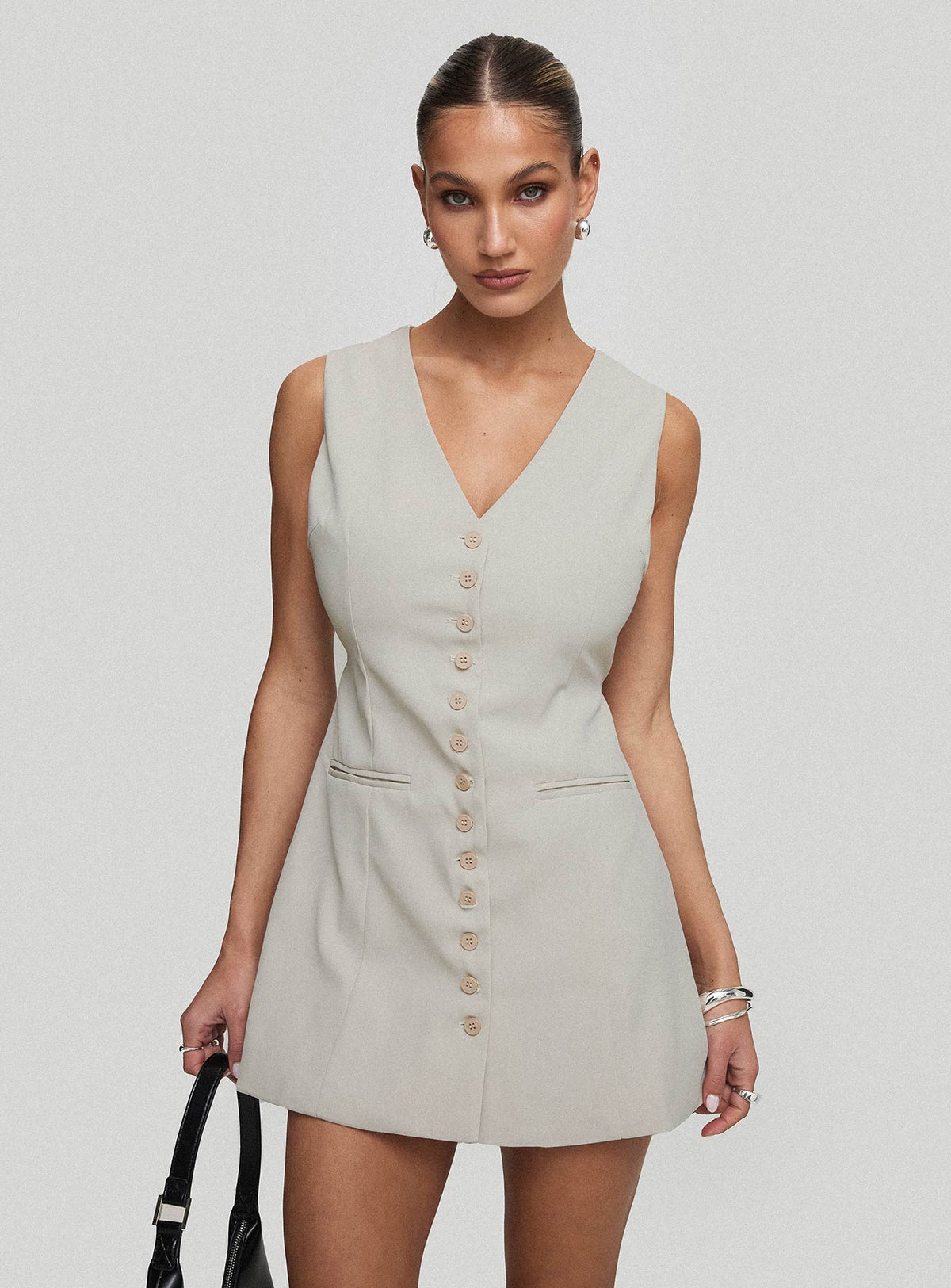 front view of model wearing Princess Polly Katja Mini Dress Oyster V-Neck 