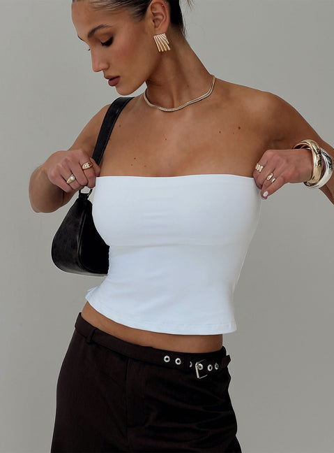 back view of model wearing Princess Polly Aurorah Strapless Top White Sleeveless straight 